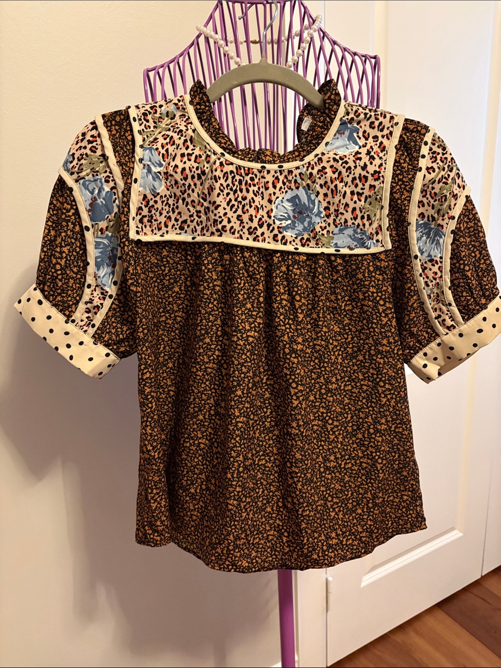 THML Mixed-Print Short Sleeve Blouse in Brown and Blue
